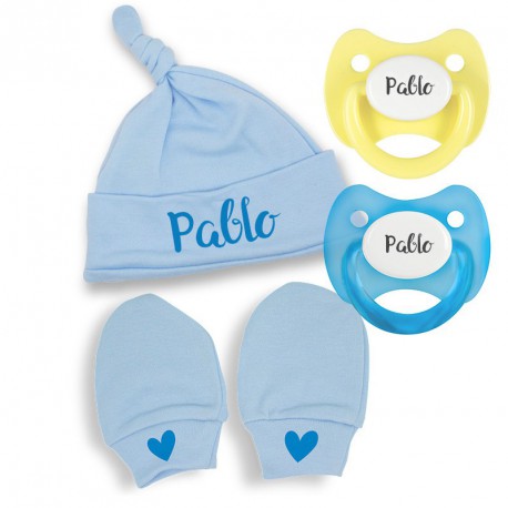 Pack de Nacimiento manoplas, gorrito y chupetes