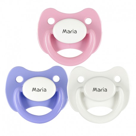 3 Chupetes Personalizados: Rosa tapa blanca, Lila tapa blanca y Blanco