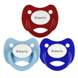 3 Chupetes Personalizados: Rojo tapa blanca, Azul tapa blanca y Celeste tapa blanca