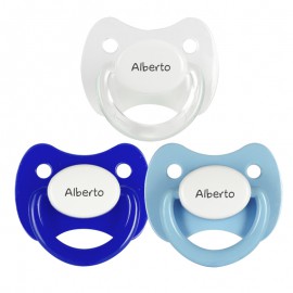 3 Chupetes Personalizados: Blanco anilla transparente, Azul tapa blanca y Celeste tapa blanca