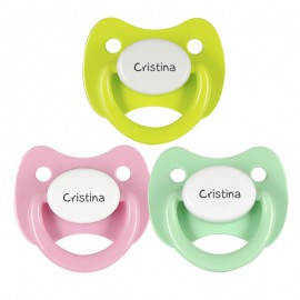 3 Chupetes Personalizados: Rosa, Verde Lima y Verde tapa blanca