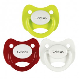 3 Chupetes Personalizados: Blanco, Rojo tapa blanca y Verde Limón tapa blanca