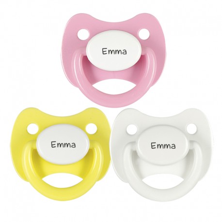 3 Chupetes Personalizados: Blanco, Amarillo tapa blanca y Rosa tapa blanca