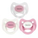 3 Chupetes Personalizados: Rosa tapa blanca, Transparente tapa rosa y Blanco tapa rosa