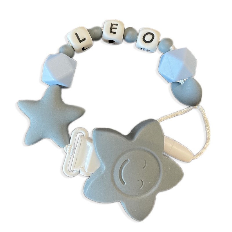 Chupetero bebe personalizado en gris y blanco silicona